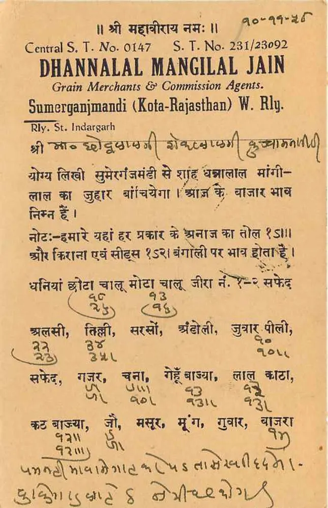 Dhannalal Mangilal Jain — Central S.T. No. 0147 — Sumerganjmandi (Kota-Rajasthan) — onbekende uitgever - Achterkant