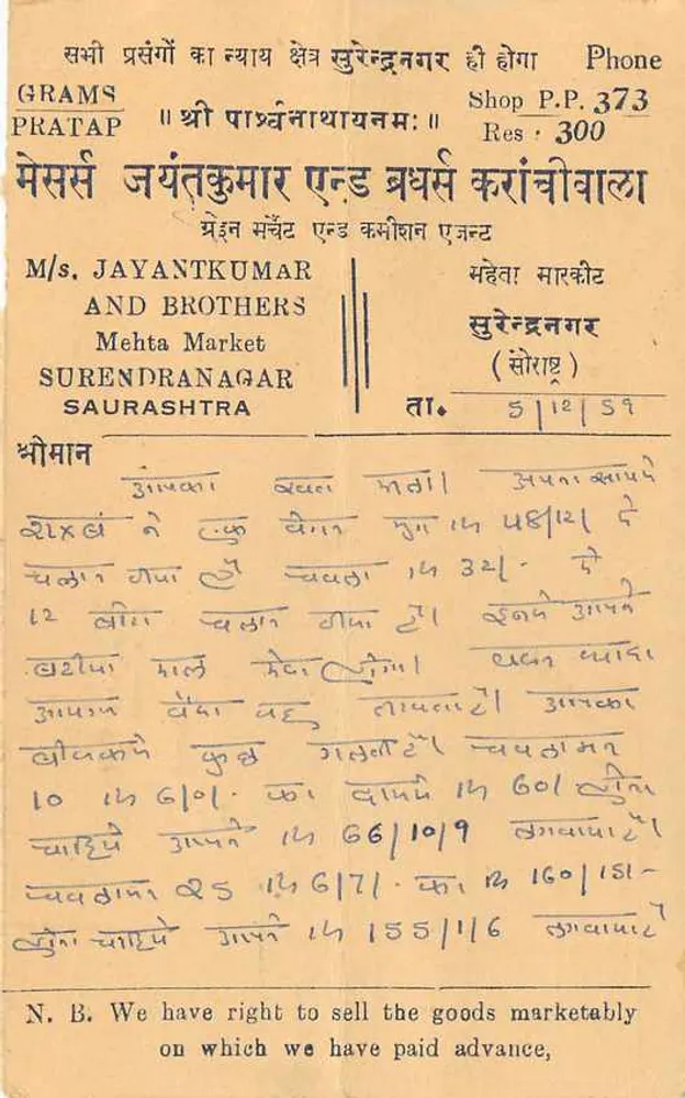 Carte postal comercial — Saurashtra — editor M/s. Jayantkumar and Brothers - Verso
