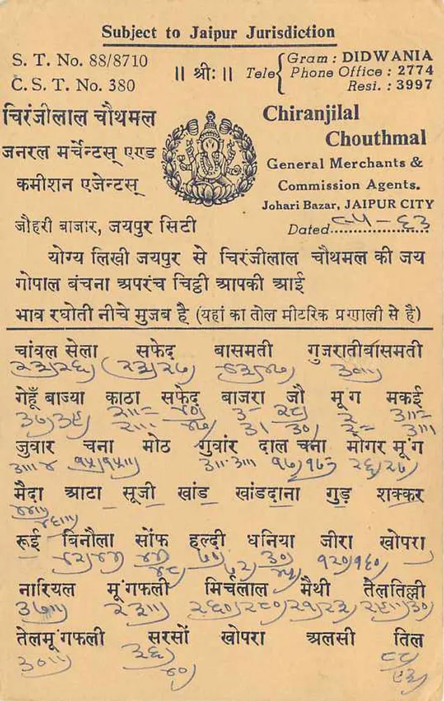 Chiranjilal Chouthmal — Agentes comerciais em Jaipur — carta postal indiana - Verso