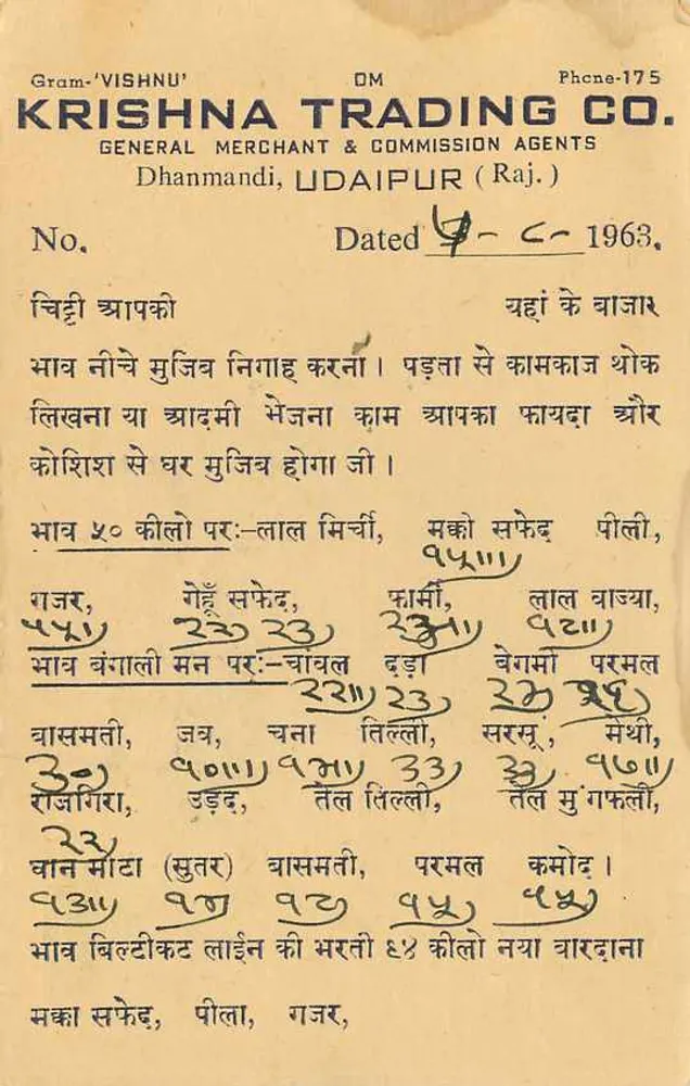 Carta postal comercial — Krishnā Trading Co. — Dhanmandi, Udaipur (Raj.) — datada 1963 - Verso
