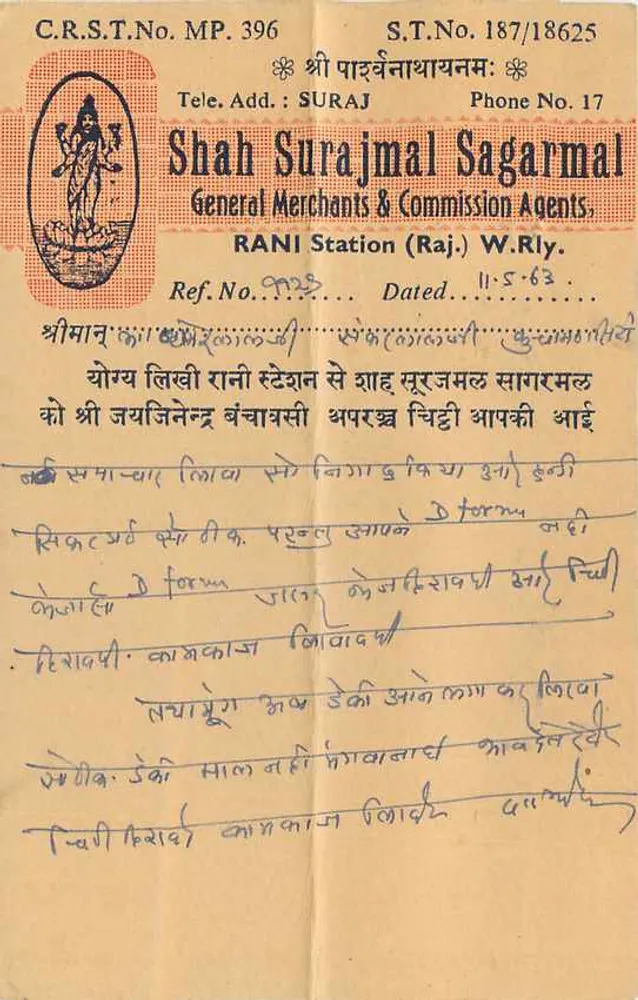 रानी स्टेशन — शाह सूरजमल सगरमल, सामान्य एजेंट — भारतीय पोस्टकार्ड, तिथि 11-5-63 - पीछे