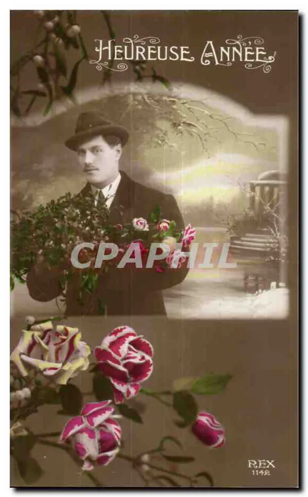 Homme en costume et chapeau — tenant un bouquet — texte 'Heureuse Année' — éditeur REX n°1142 - Recto