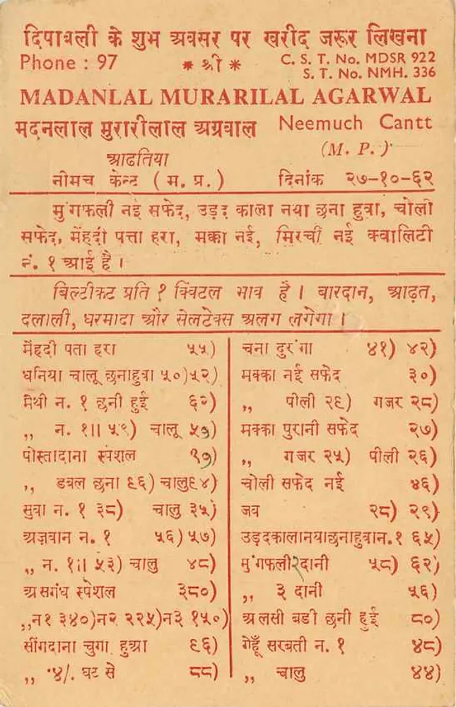 Madanlal Murarilal Agarwal — Cantt (M.P.) — Antieke ansichtkaart India - Achterkant