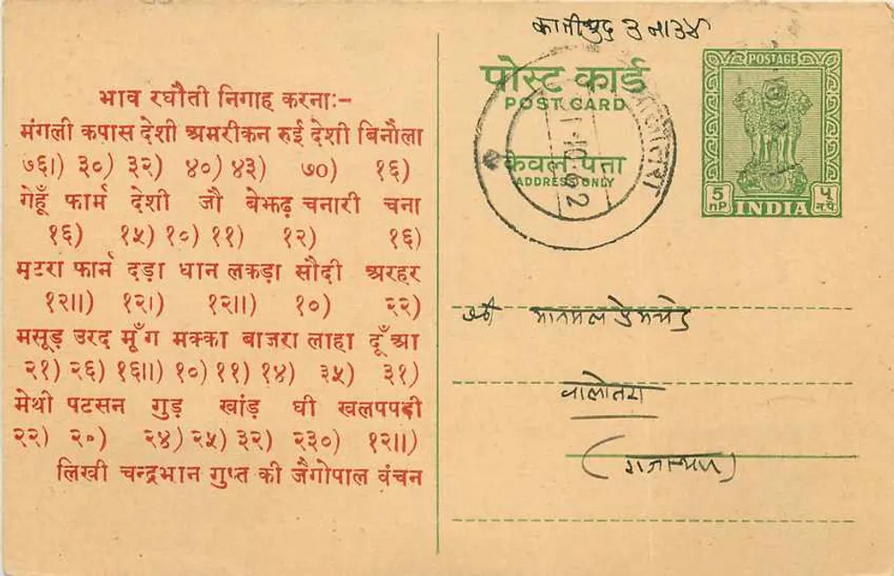 Indiase ansichtkaart — tekst in devanagari — uitgever Roop Ram Khyali Ram, Aligarh - Voorkant