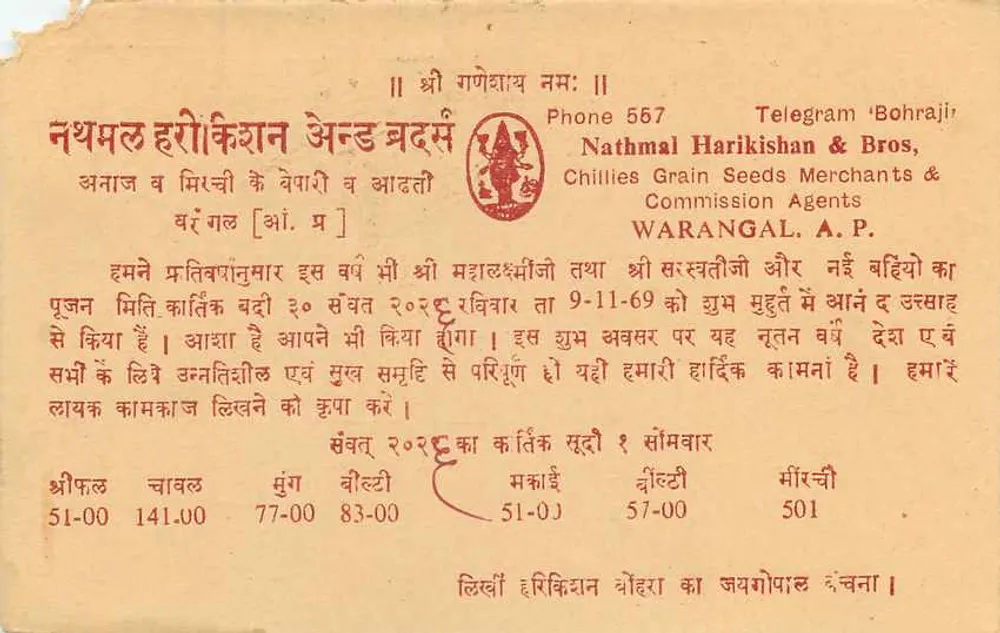 Nathmal Harikishan & Bros — Warangal — India — 1969 - Achterkant