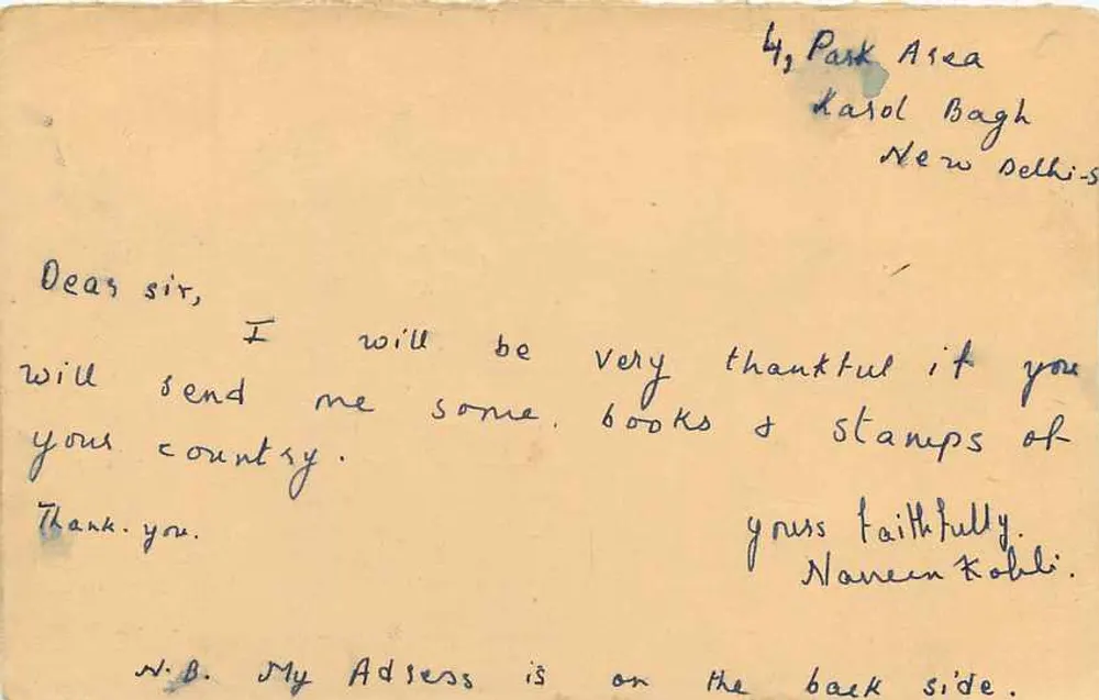 Naveen Kohli — solicitação de livros e selos — Índia 3 p. 1948 - Verso