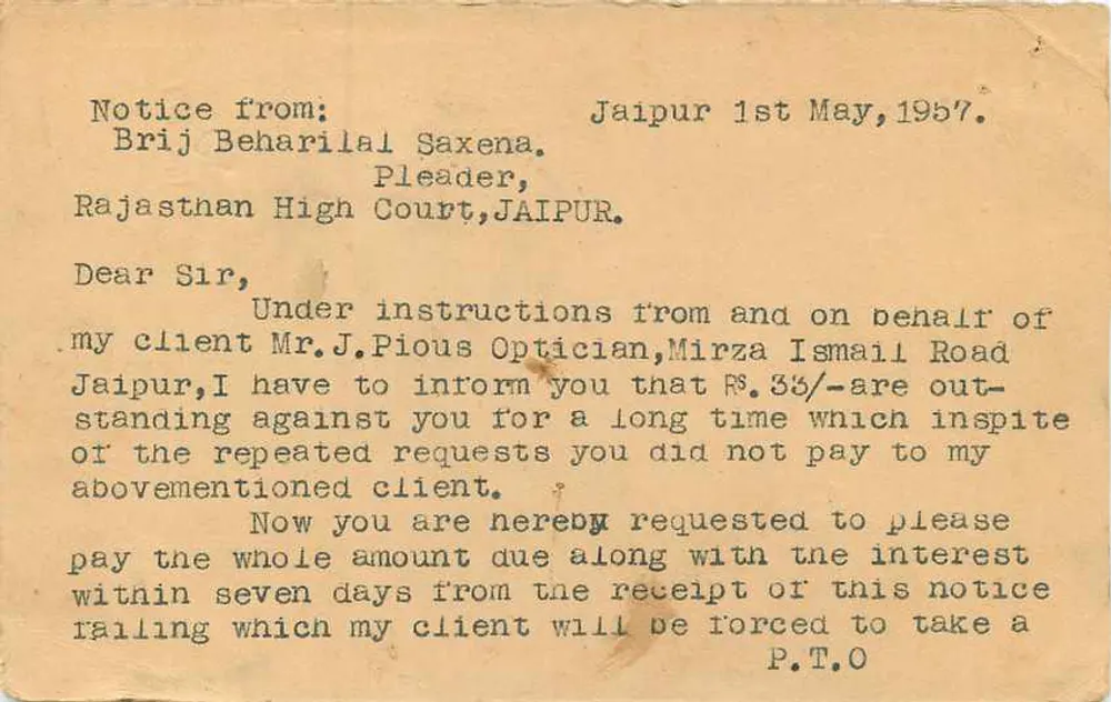 Aviso judicial — Jaipur — Brij Behari Lal Saxena, advogado - Verso