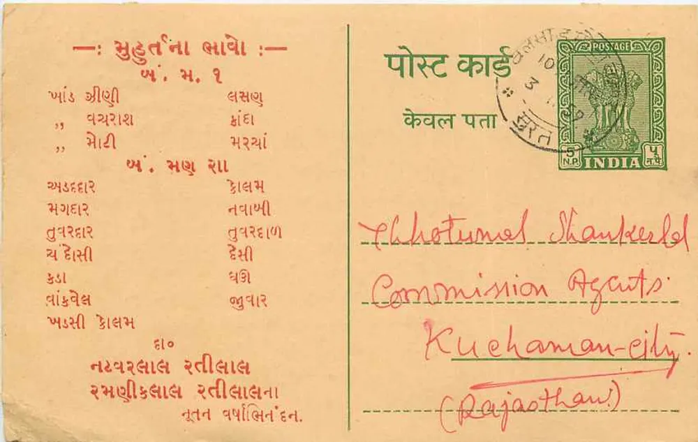 Carta postal indiana — texto em marathi — destinada a Thhotumel Shankerdel, Kuchaman-city (Rajasthan) - Frente