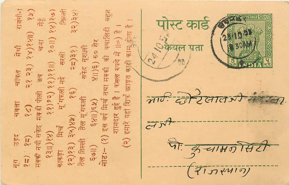 Carta postal indiana — texto em devanagari — editor: W. Rly. (Rajasthan) - Frente