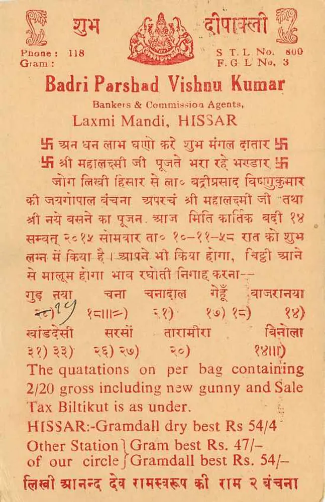 M/s. Chananmal Sureshkumar — Shri Ganganagar (Rajasthan) — Badri Parshad Vishnu Kumar, Laxmi Mandi, Hissar - Verso