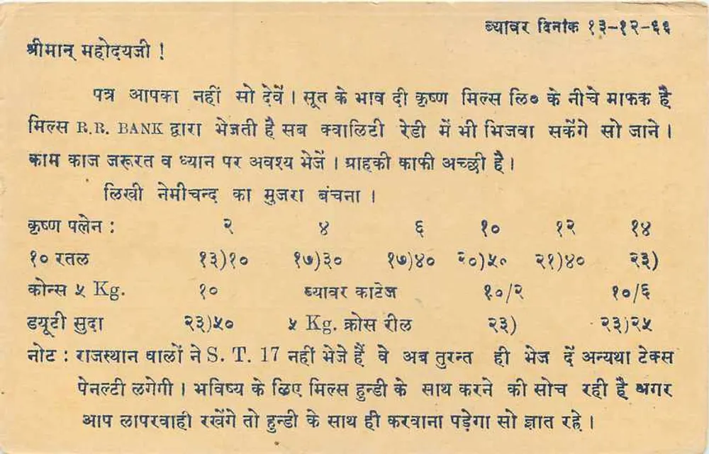 Carte postale publicitaire pour l'entreprise 'En. Surendra & Co.' à Vyavhar — éditeur 'Post Card' (Surat) - Verso