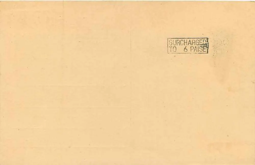 Carta postal indiana — selo de 5 p. sobreposto a 6 paise — editor não visível - Verso