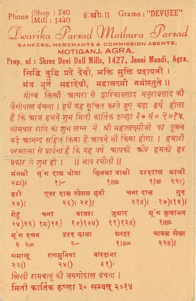 Carta postal indiana — editor Dwarika Parsad, Agra — selo 5 NP - Verso
