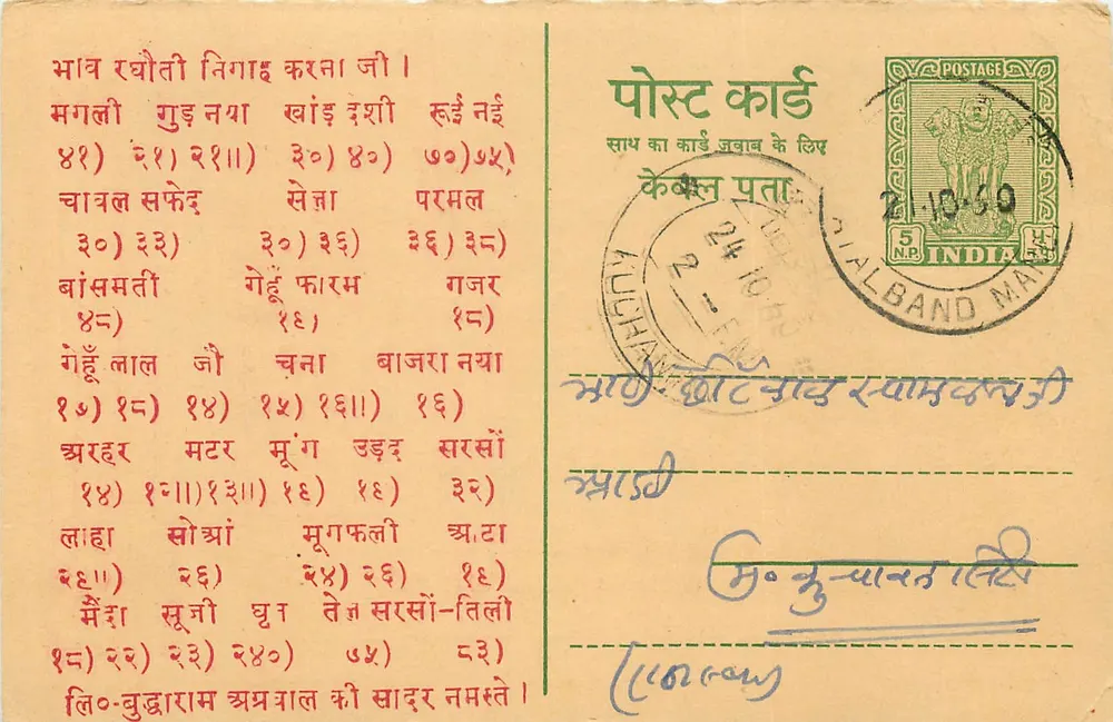 Carta postal indiana — brincadeira de palavras em devanagari — editor G. R. S. & Co. (verso) - Frente