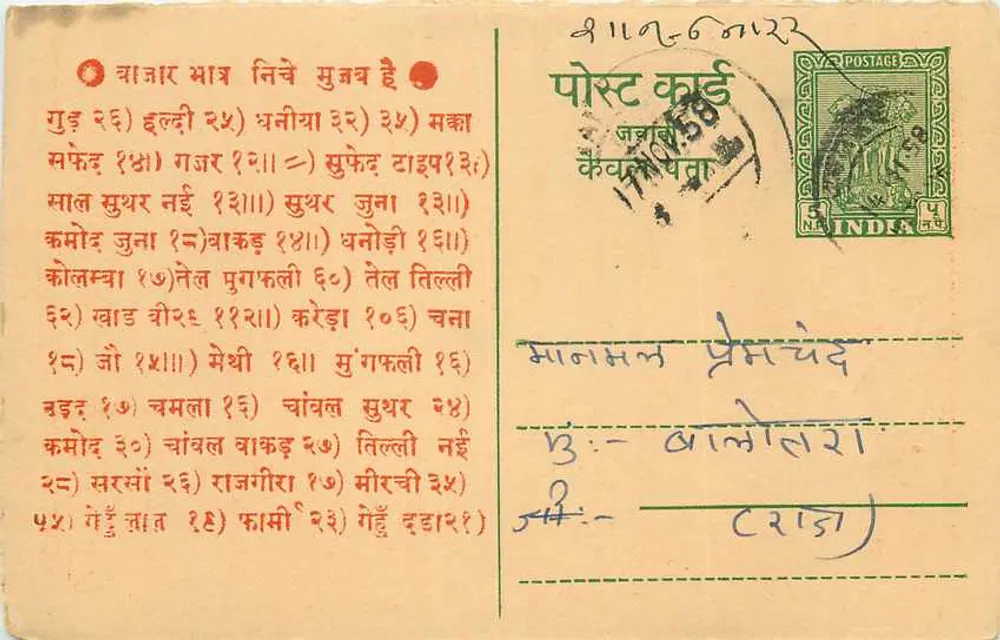 Commercial postcard — Kishanlal Jamandas, commission agent in Udaipur — publisher not visible - Front