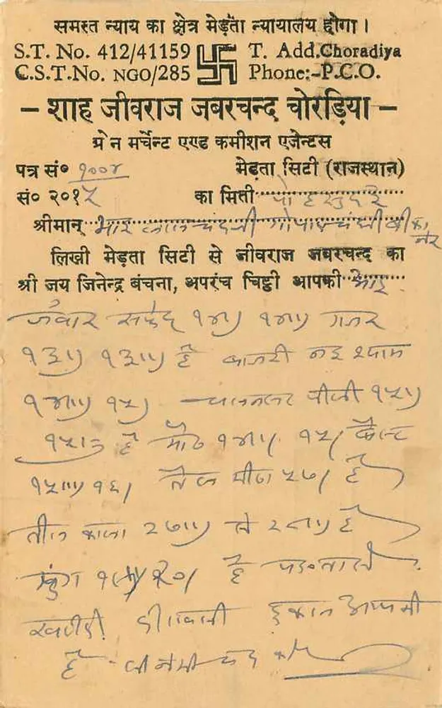 Bikaner — antieke ansichtkaart met tekst in devanagari en in het Engels — uitgever M/s Jivraj Jabarchand Chordia - Achterkant