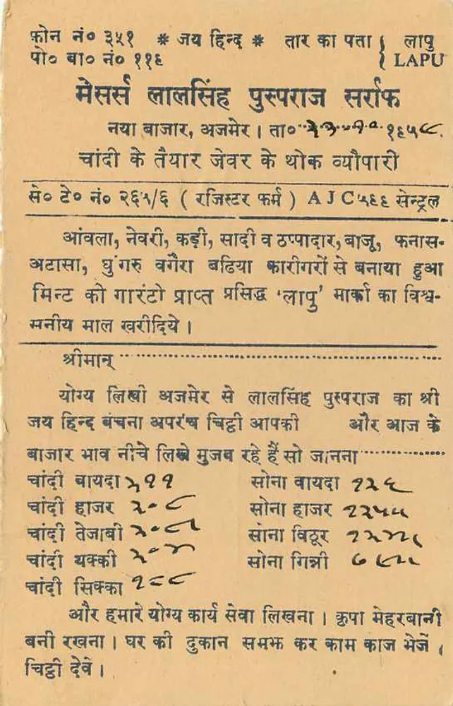 Lal Singh Puspraj Saraf — Chandni, Rajasthan — Correios indianos - Verso