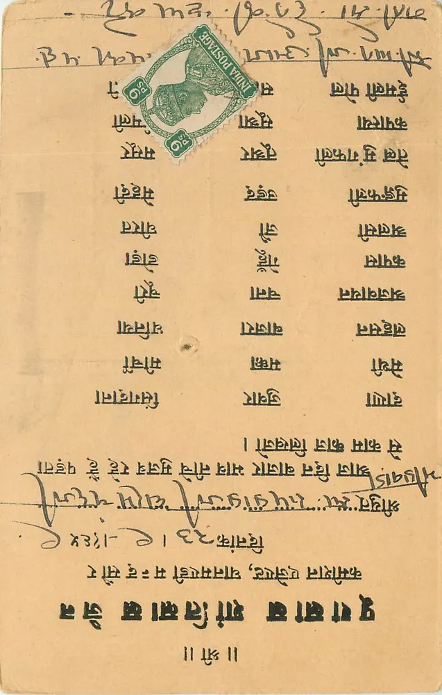 Carta postal indiana — texto em escrita devanagari — carimbo verde de 2 annas — carimbo de Jessore - Frente