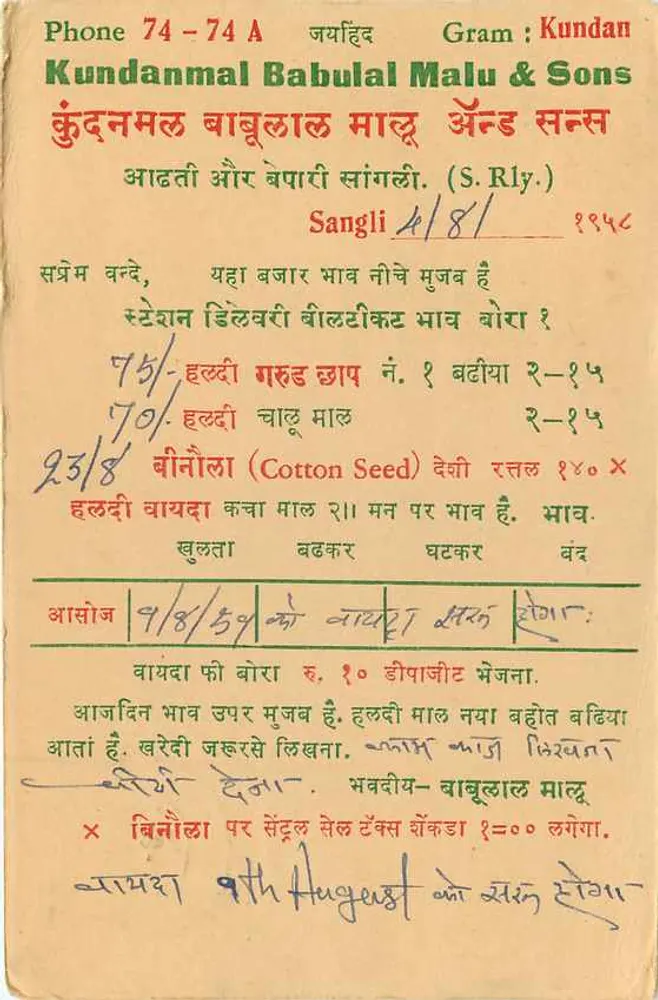 Sangli — anúncio comercial — Kundanmal Babulal Malu & Sons, Sangli - Verso