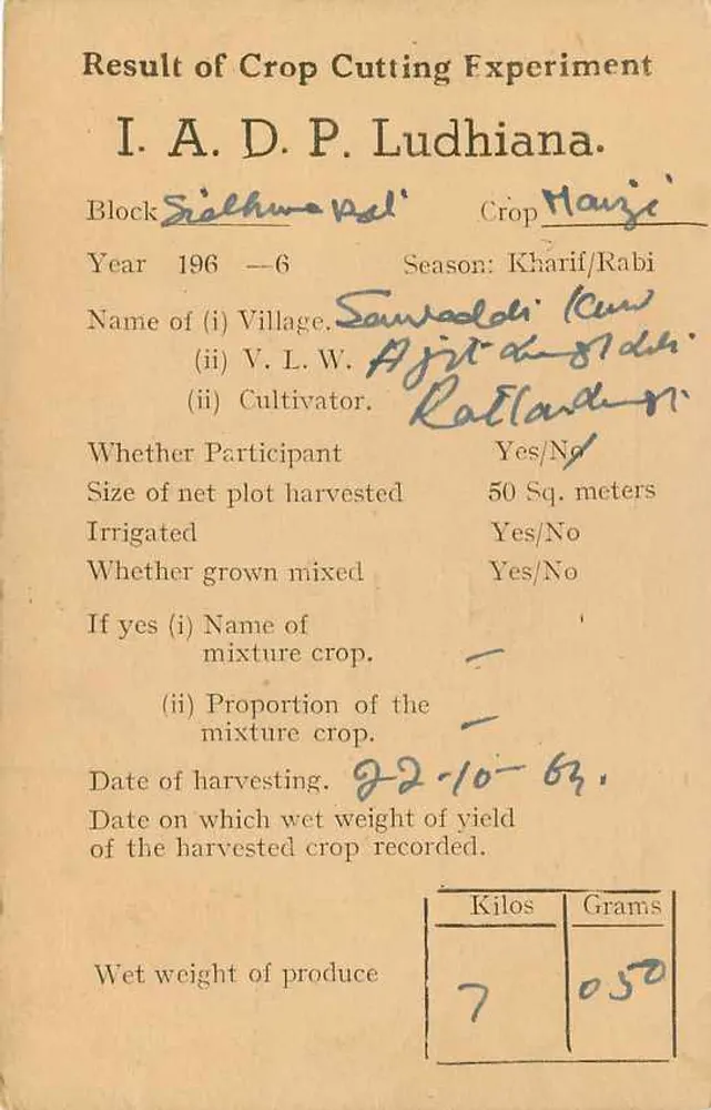 Resultado de experiência de colheita — Ludhiana — India Service, 6 anna - Verso