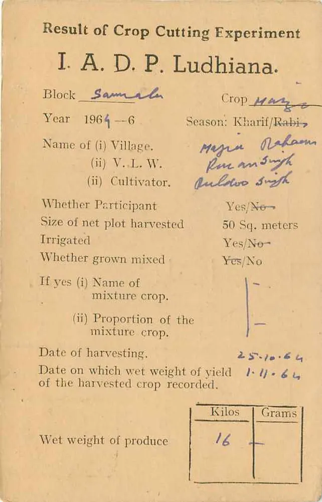 Resultado de experiência de colheita agrícola — Ludhiana — I.A.D.P. — editor não visível - Verso