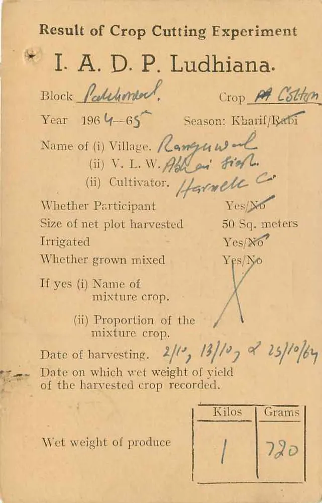 Resultado de experiência de colheita — Ludhiana — Instituto de Pesquisa Agrícola, Delhi - Verso
