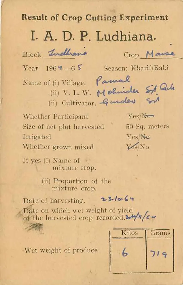 Resultado de experiência de colheita agrícola — Ludhiana — Instituto de Pesquisa Estatística, Nova Deli - Verso