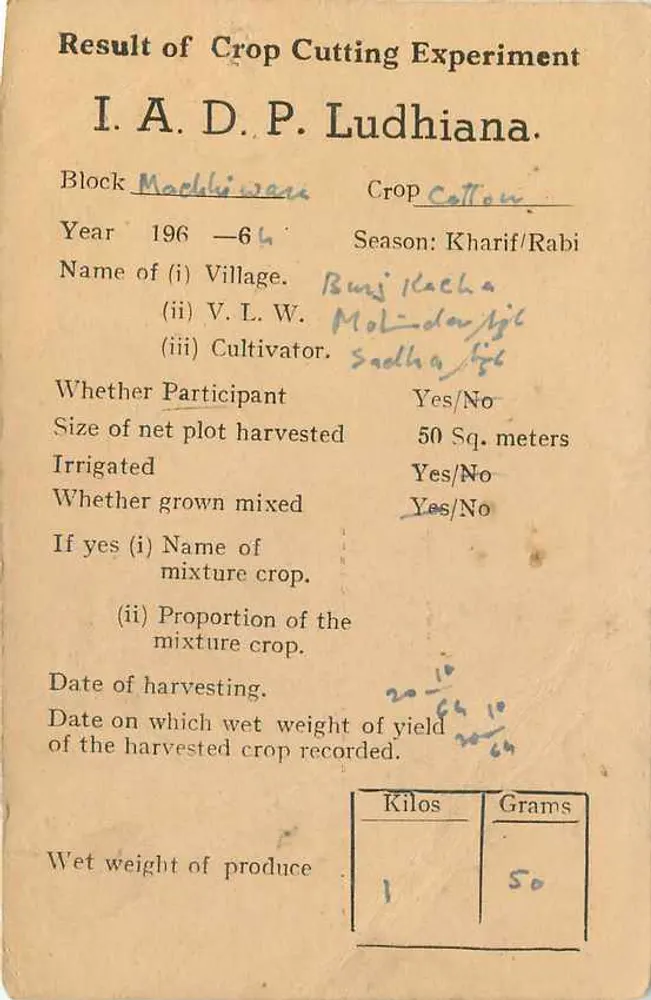 Resultados de experiência de colheita de algodão — Ludhiana — Instituto de Pesquisa Agrícola, Delhi - Verso