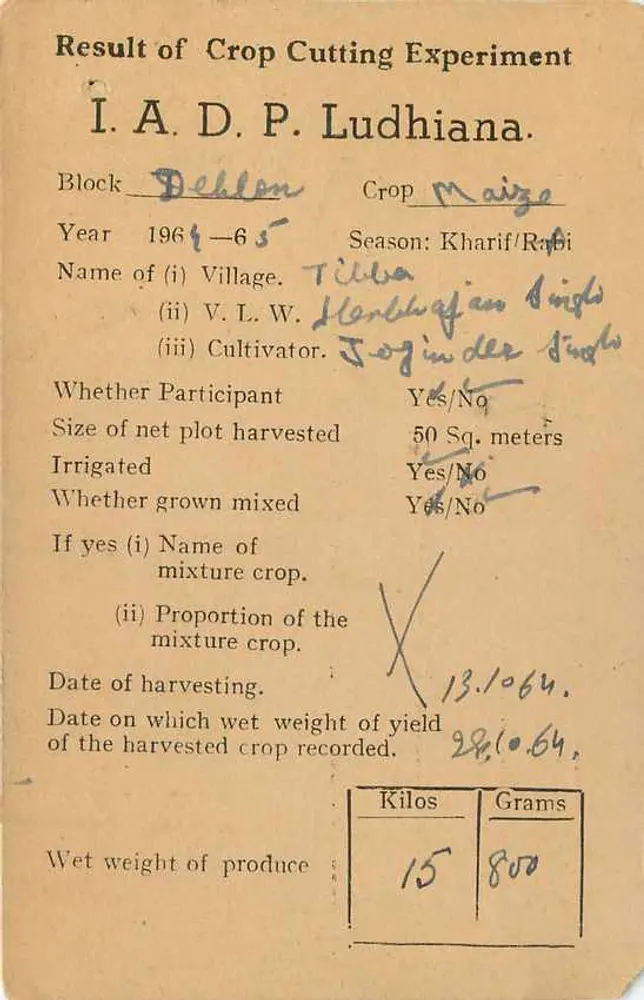 Resultado de experiência de colheita agrícola — Ludhiana — Instituto de Estatísticas Agrícolas, Nova Deli - Verso