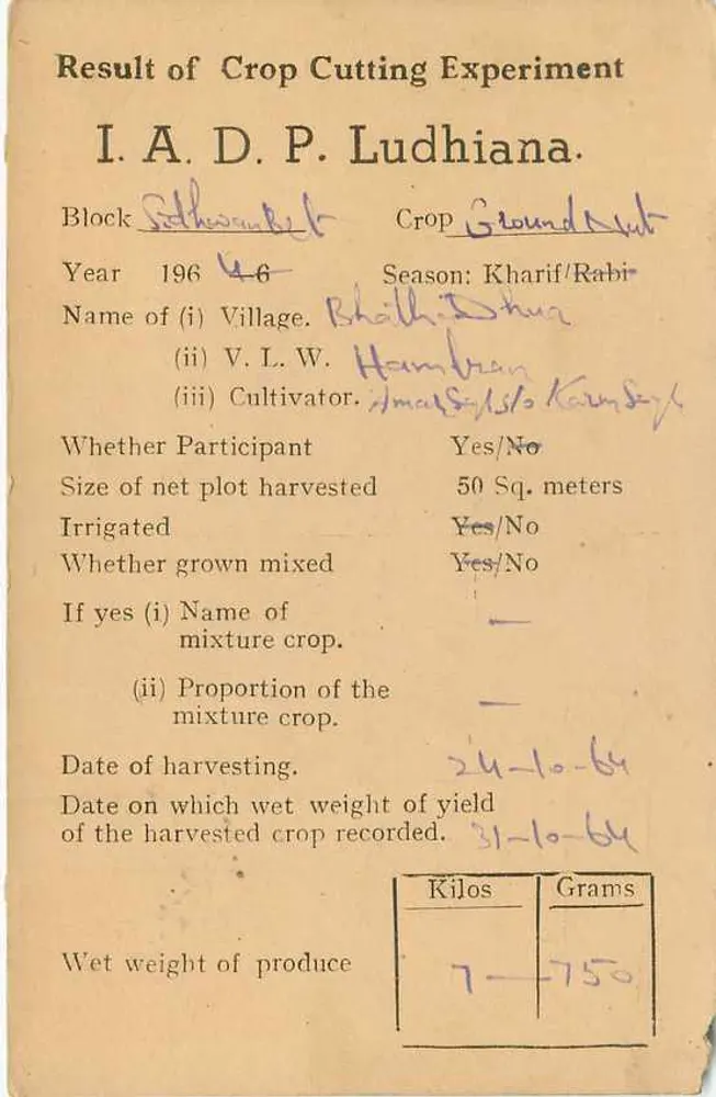 Experimentação agrícola em Ludhiana — Instituto de Pesquisa Estatística, Delhi — 1964 - Verso