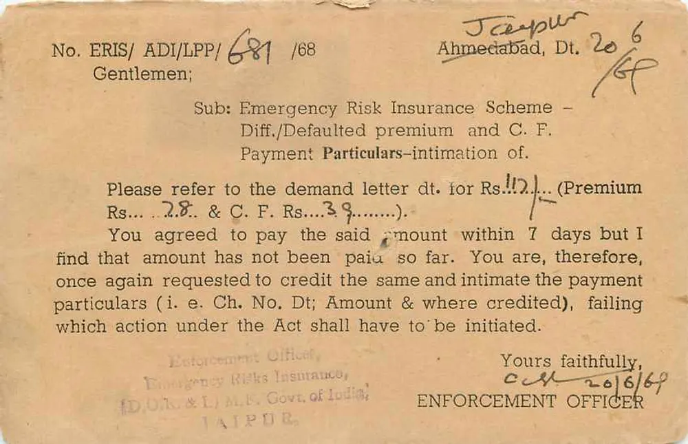 Carta postal de emergência - Seguro de Riscos de Emergência - Jaipur — Envio para Ranchawat, Bheri, Rewa, Madhopur - Verso
