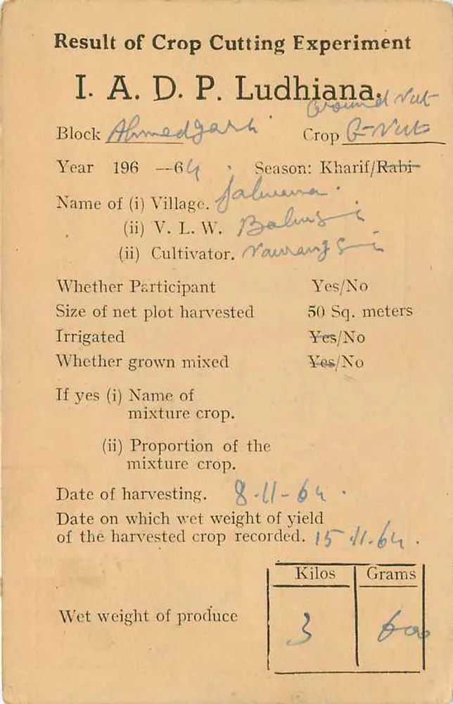 Resultado de experiência de colheita agrícola — Ludhiana — Instituto de Pesquisa Agrícola, Delhi - Verso