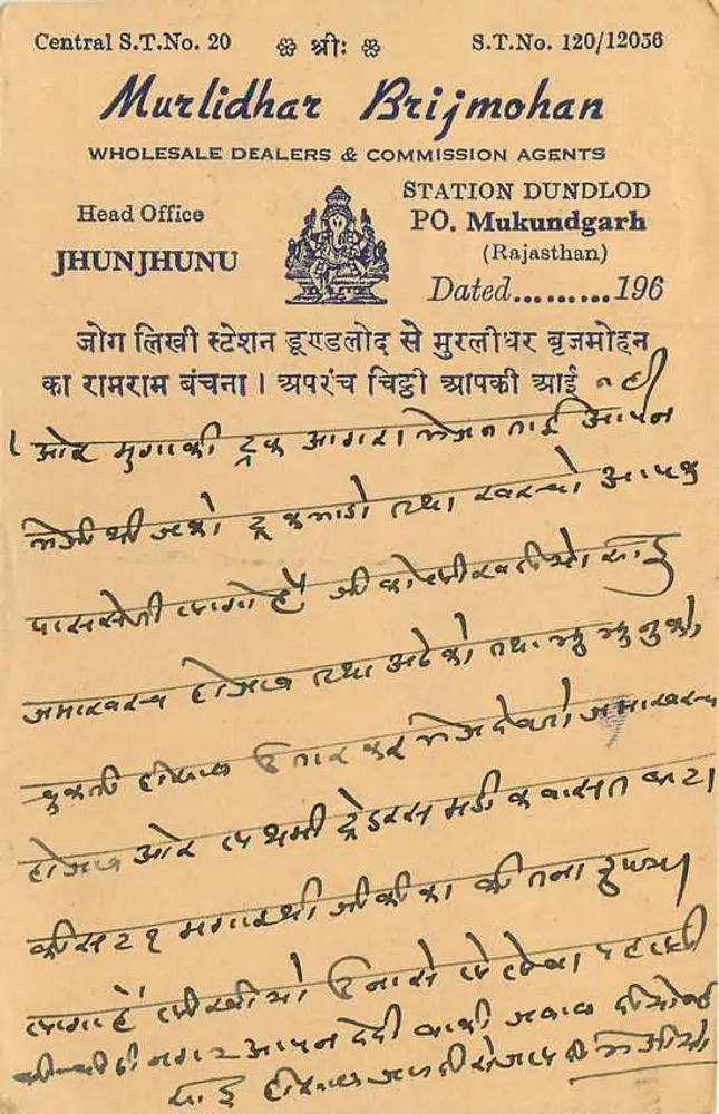Carta postal comercial — Murlidhar Brijmohan, Jhunjhunu — editor não visível - Verso