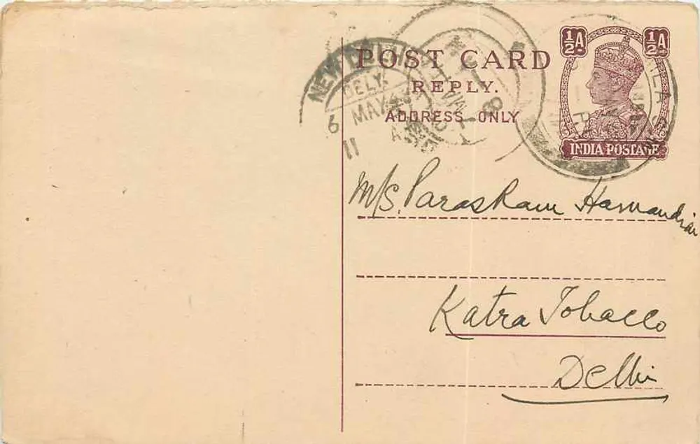 Delhi — carta postal resposta — India Postage - Frente