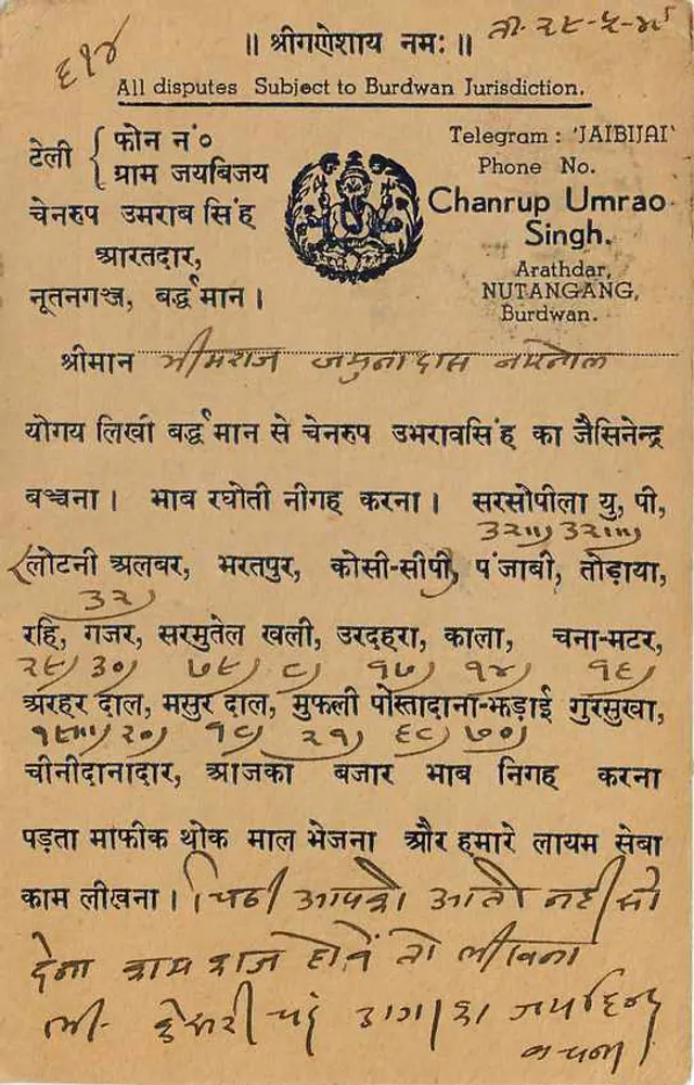 Bhivraj Jamunadas — Narmaul (P.S.) — India Post - Achterkant