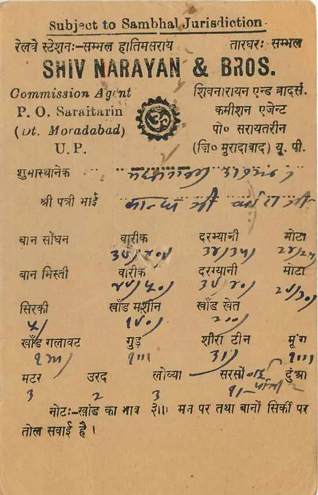 Mohadabad — carta postal comercial — Shiv Narayan & Bros. (agente de comissão) - Verso