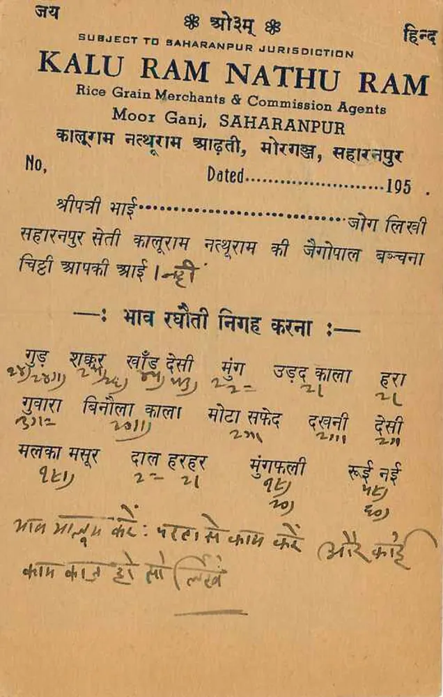 Kalu Ram Nathu Ram — Comerciantes de Grãos de Arroz e Agentes de Comissão — Saharanpur - Verso