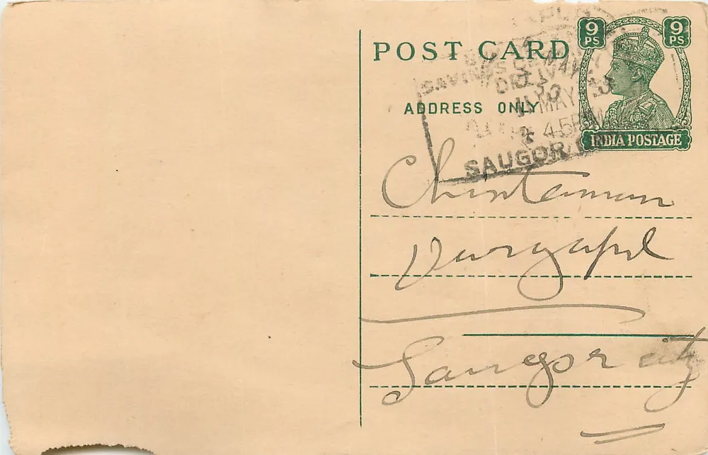 Chintaman - Varyapul - Sangorat — cartão postal indiano com selo de 9 PS e carimbo de Saugor - Frente