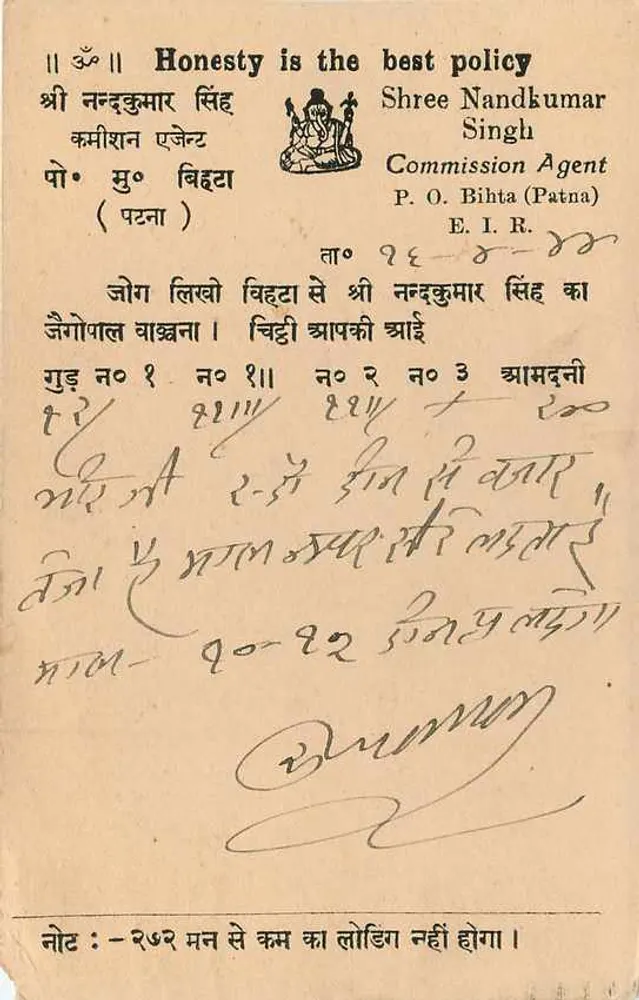 Saugor Cantt. — Honesty is the best policy — Shree Nandkumar Singh, Commission Agent, Patna - Back