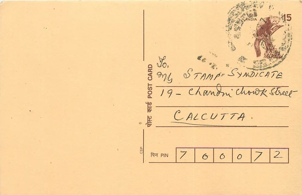 Carta postal indiana — selo de 15 p. — destinada à Stamp Syndicate em Calcutta - Frente