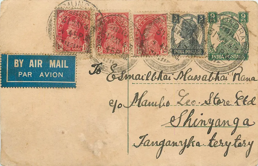 Carta postal aérea — Índia para Tanganyika — selos da Índia colonial - Frente