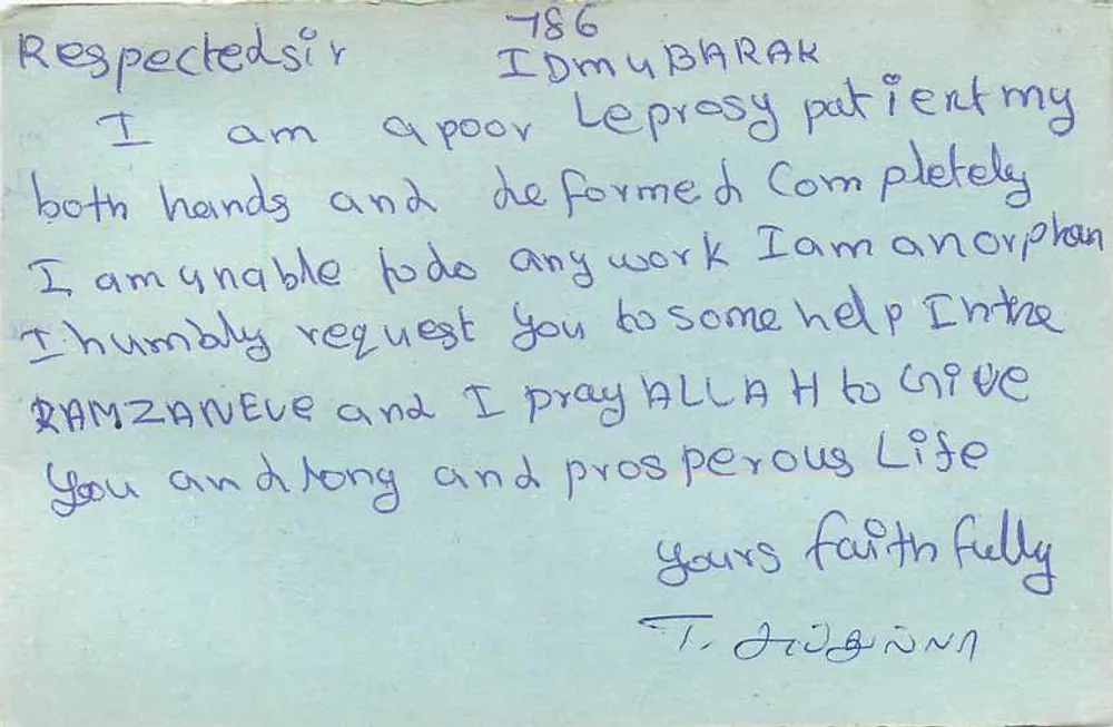 Paciente da lepra — T. Abdulla — carta postal enviada de Pulipakkanam, Chennai, em torno de 1978 - Verso