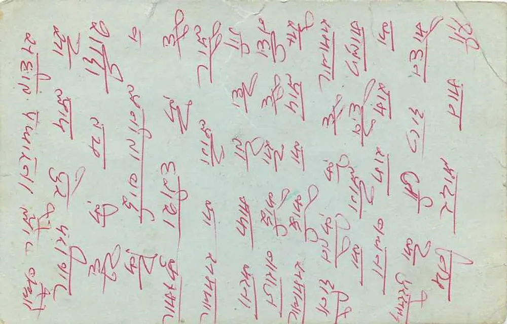 Carte postal indiana — texto manuscrito em escrita devanagari — selo de 15 p. e carimbo postal 'NIVARAN' datado 21.2.98 - Verso
