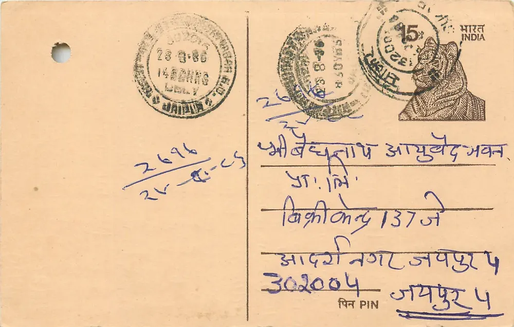 Jaipur — India — Tiger Head Stamp and Postmark - Front