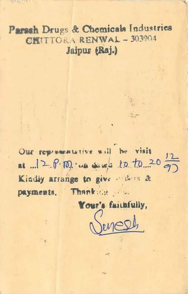 Carta postal comercial — Parsaah Drugs & Chemicals Industries, Chittora (Raj.) — editor não visível - Verso
