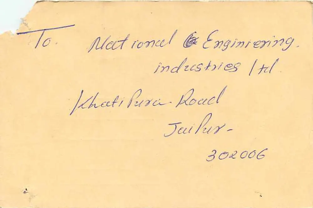 Carta postal indiana — selo de 10 roupias com motivo de tigre — destinada à National Engineering Industries Ltd, Jaipur - Verso