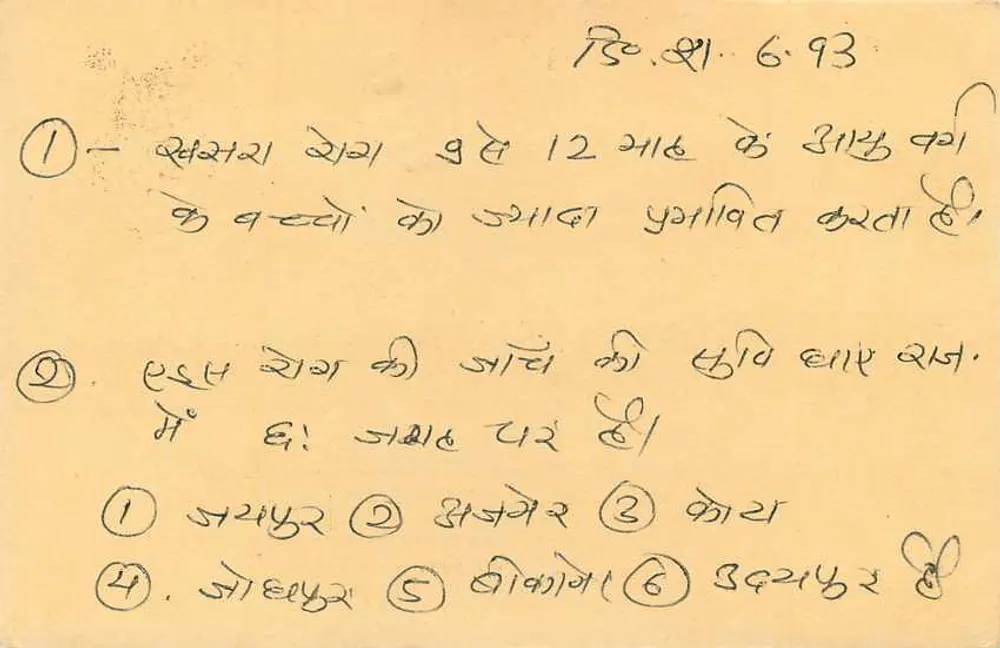 Carta postal de Chhapra, Índia — selo tigre 15 p. — datada 6.93 - Verso