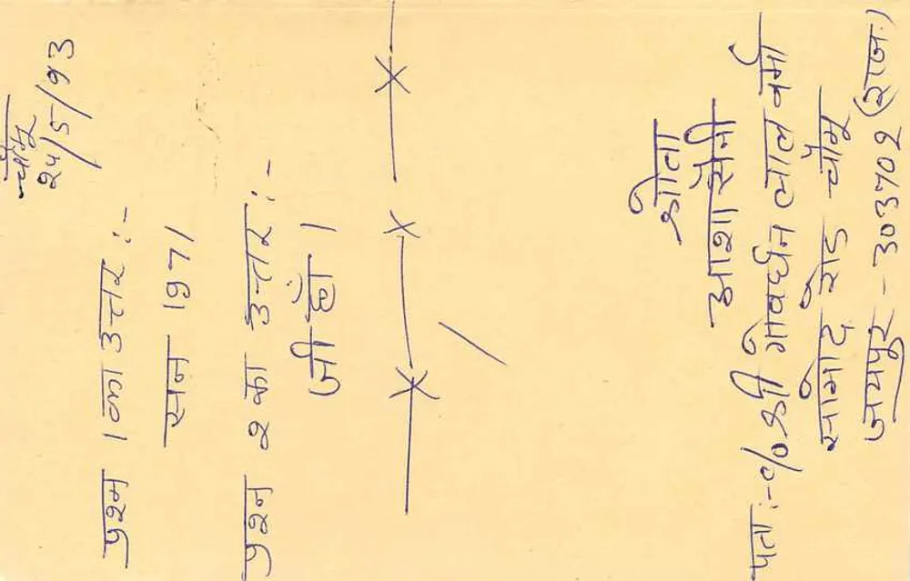 Carta postal indiana — verso com endereço manuscrito e carimbo — editor não visível - Verso