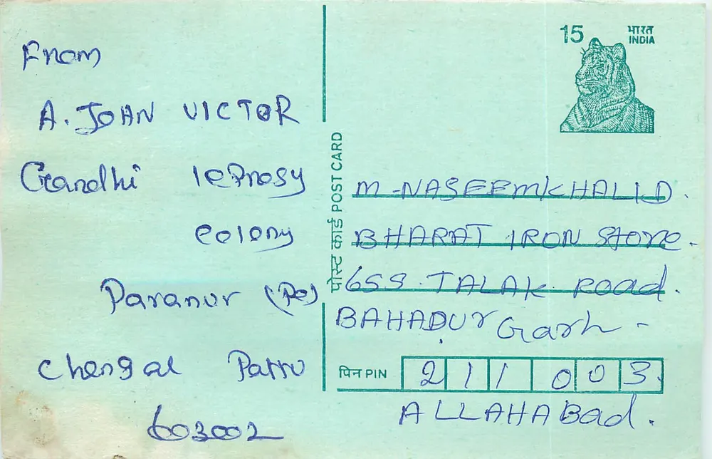 Chengalpattu — A. John Victor, colônia Grandhi, Paranur (República da Índia) — carta postal verde com selo tigre 15 p. - Frente