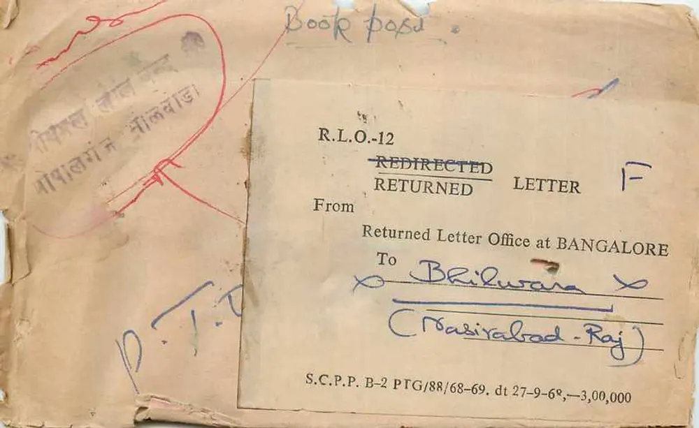 Lettre retournée de Bangalore — Bangalore City — éditeur S.C.P.P. B-2 PTG/68-69 - Recto